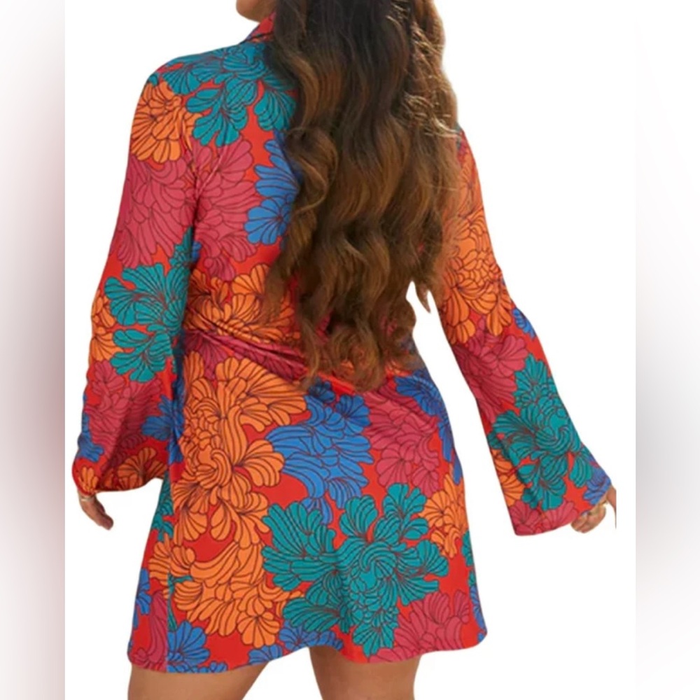 Never Fully Dressed Red Blue Orange Floral Long-Sleeve Mini Dress - Picture 3 of 15